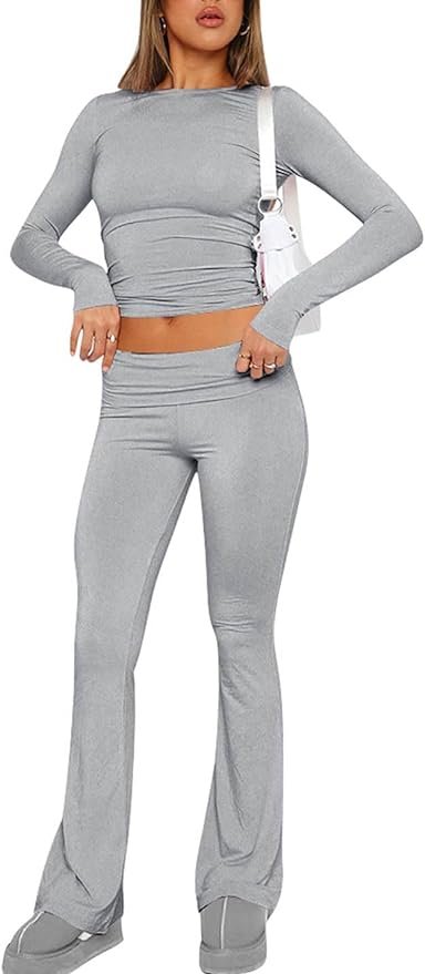 ABINGOO Femme Ensemble de 2 pièces Skims Crop Top et Taille Basse Pantalon Évasé Stretch Ensemble Yoga Femme Tenue de Sport Femme Ensemble Fitness
